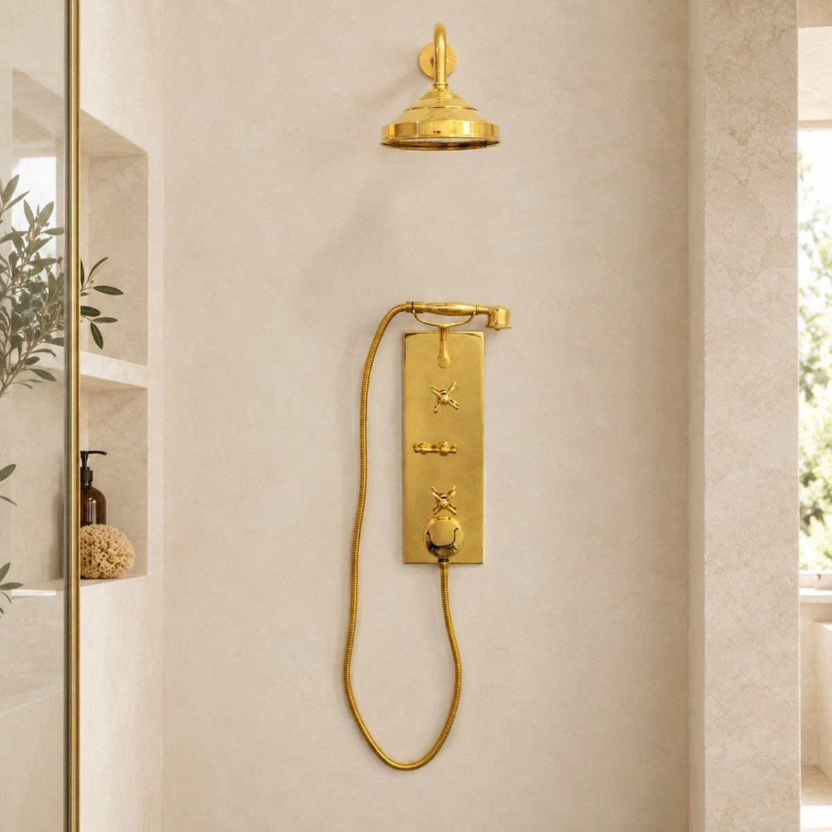Solid Brass Shower System, Unlacquered Brass Rain Shower Set, Concealed Wall Shower with Handheld, Built-In Shower Fixtu