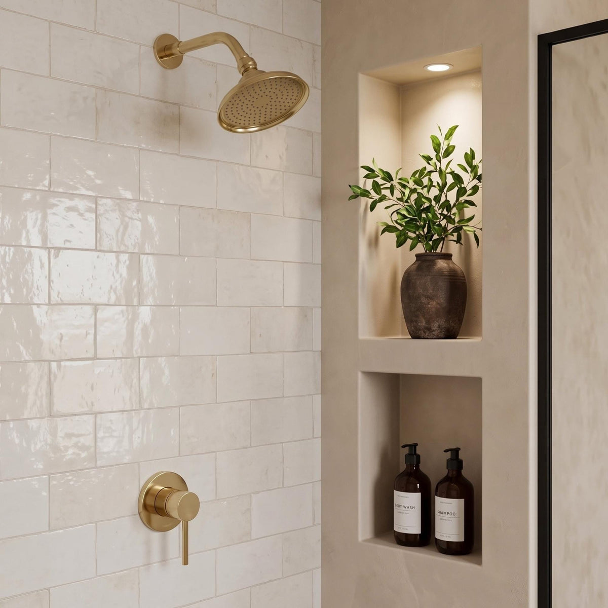 Unlacquered Brass Concealed Shower System with Dome Swivel Head