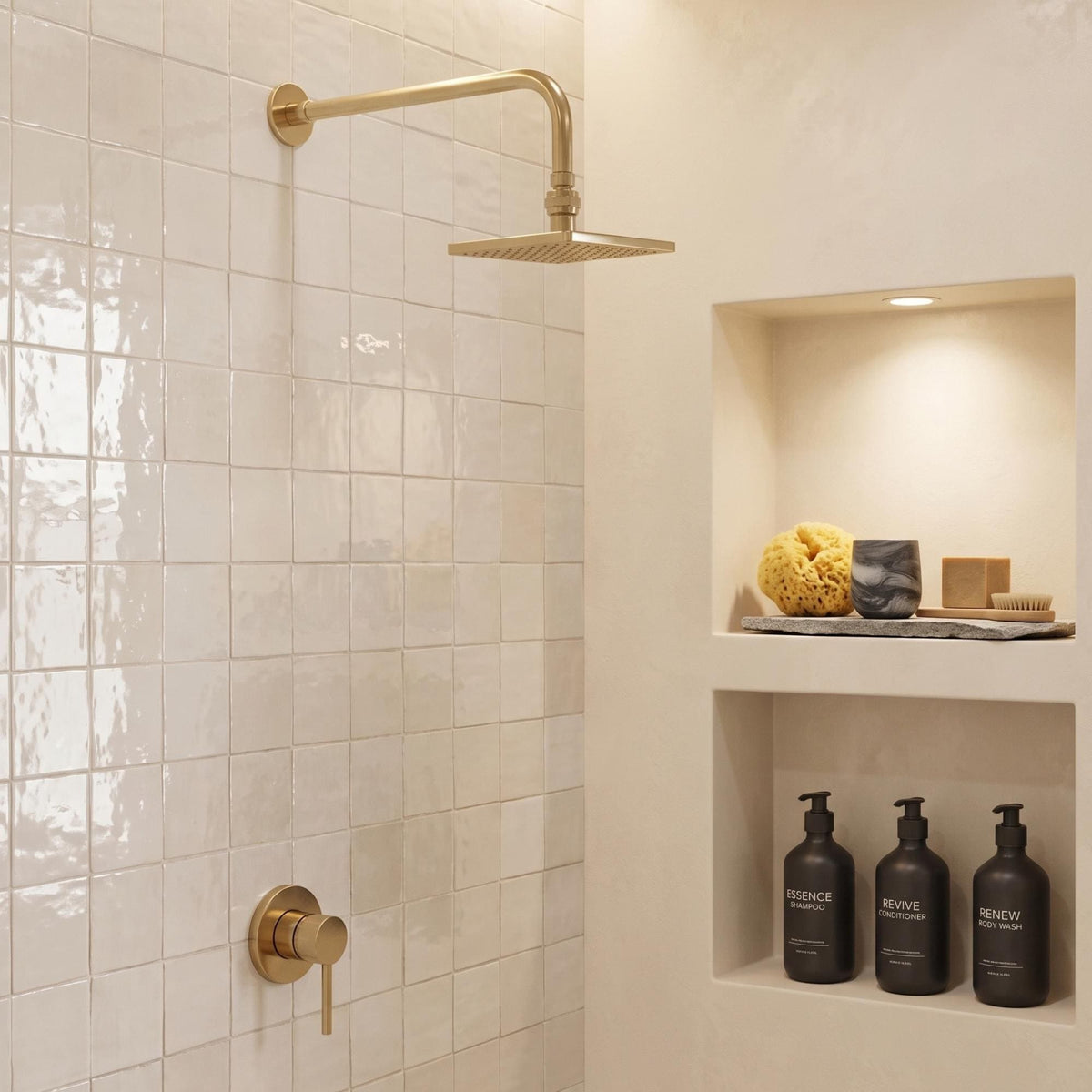 Unlacquered Brass Concealed Square Rain Shower System with Straight Arm