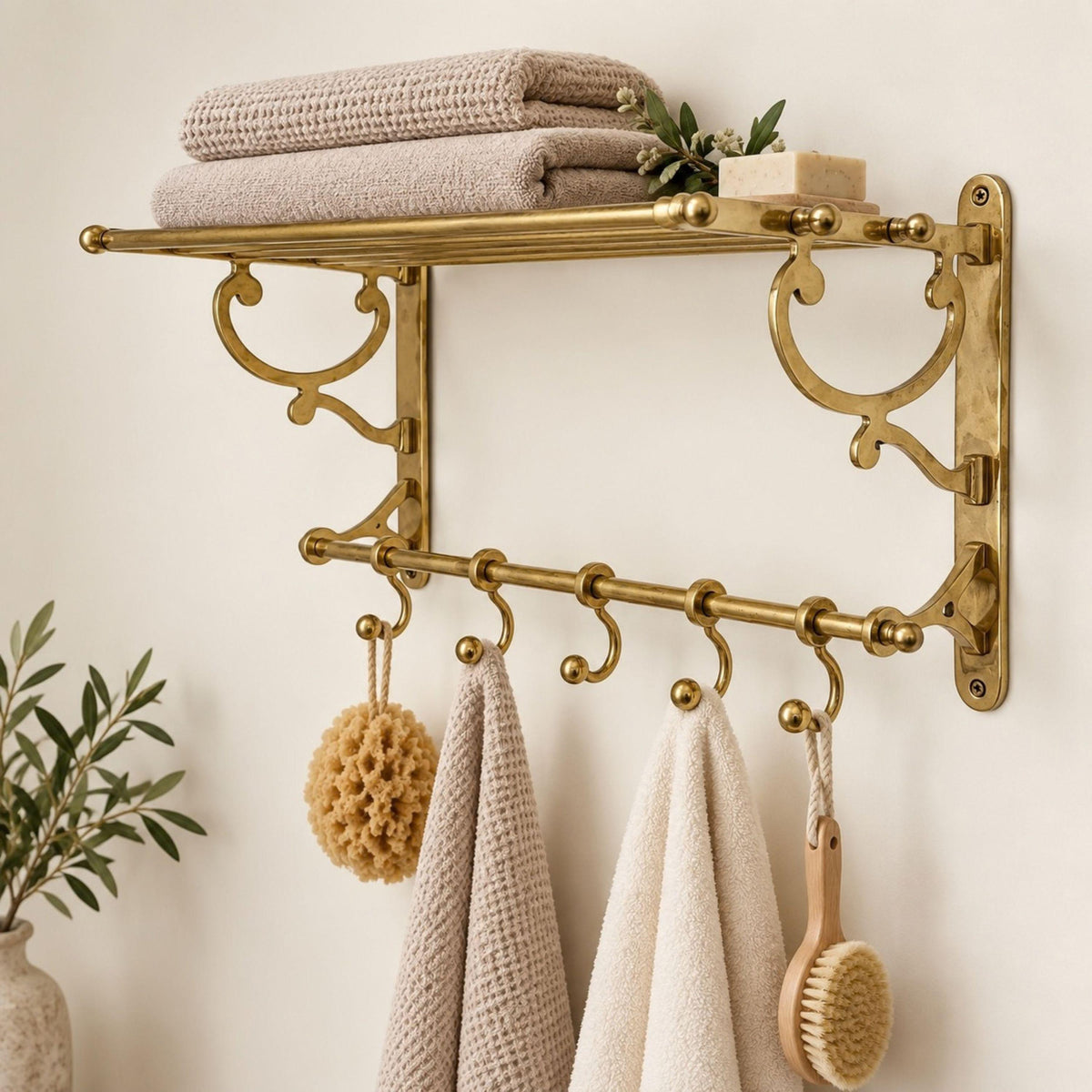 Vintage Solid Brass Towel Rack with Shelf & Hooks, Unlacquered Brass Bathroom Organizer, Moroccan Wall Mounted Towel Hol