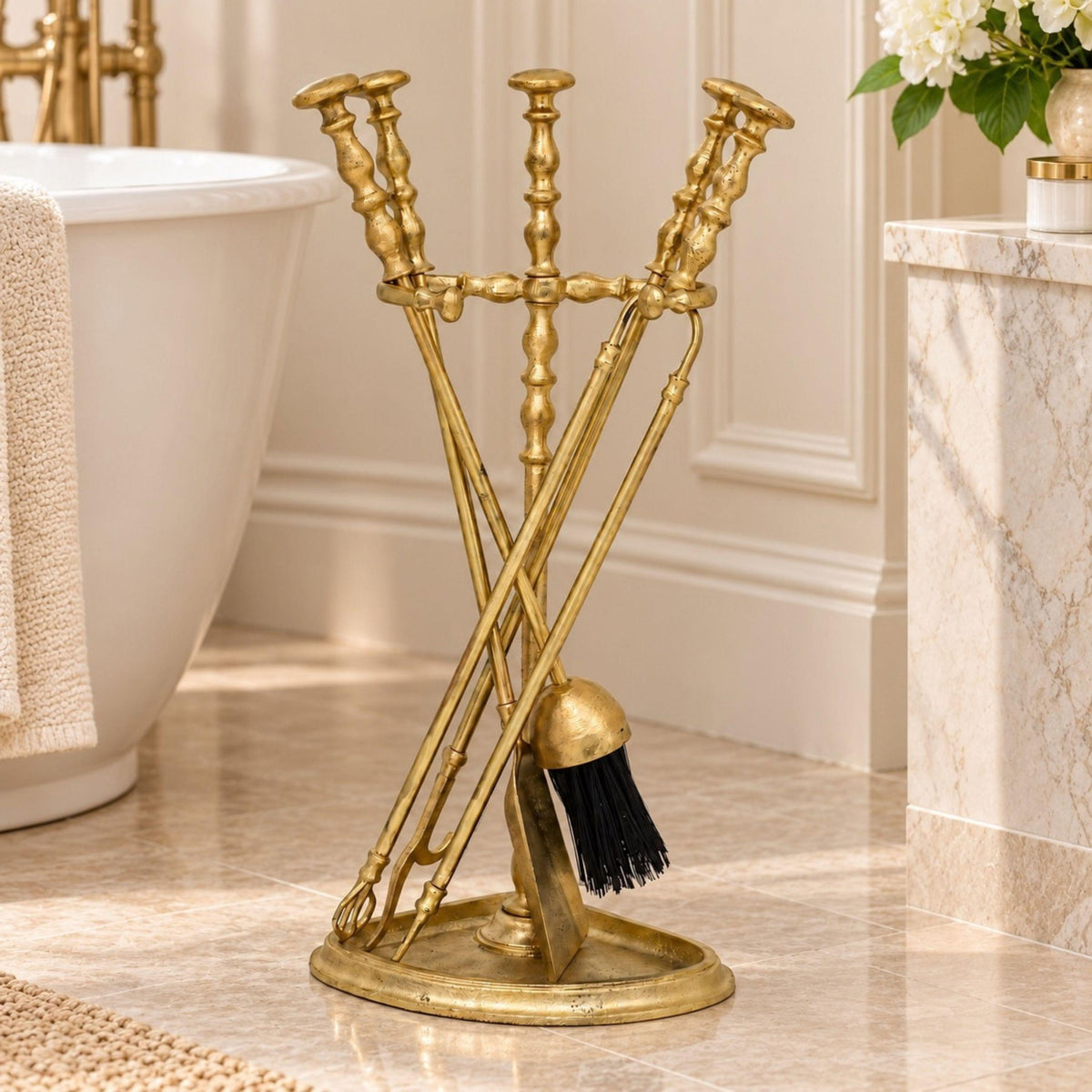 Very Rare! Polished Brass Fireplace Tool Set - Solid Brass Fireplace Set Tools, Heavy Duty Fire Poker Set