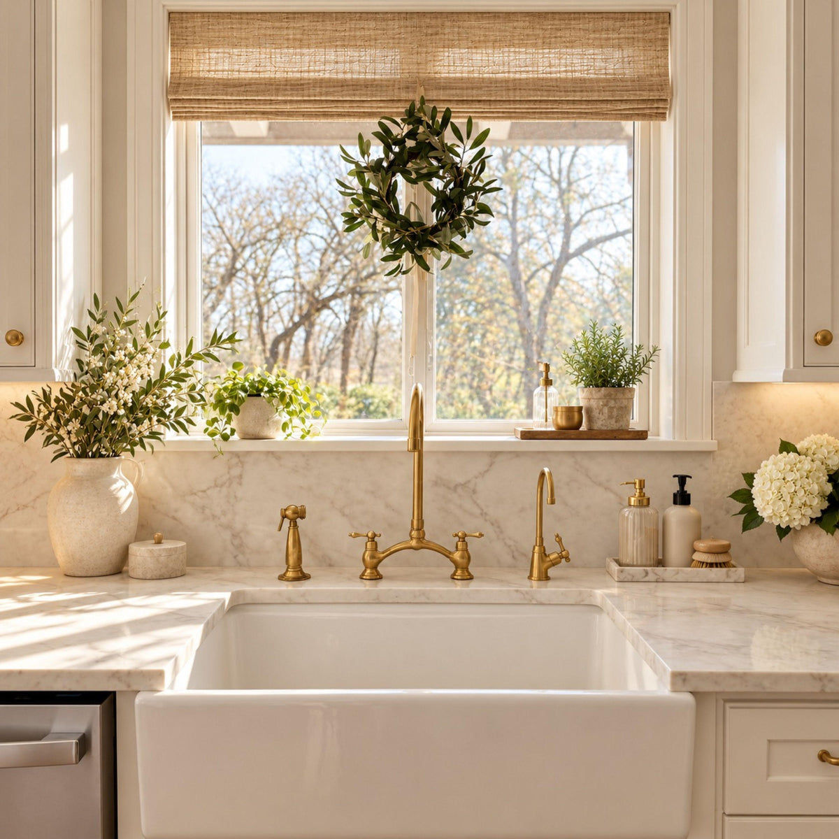 Unlacquered Brass Kitchen Arched Bridge Faucet, Sprayer, Dispenser Bundle