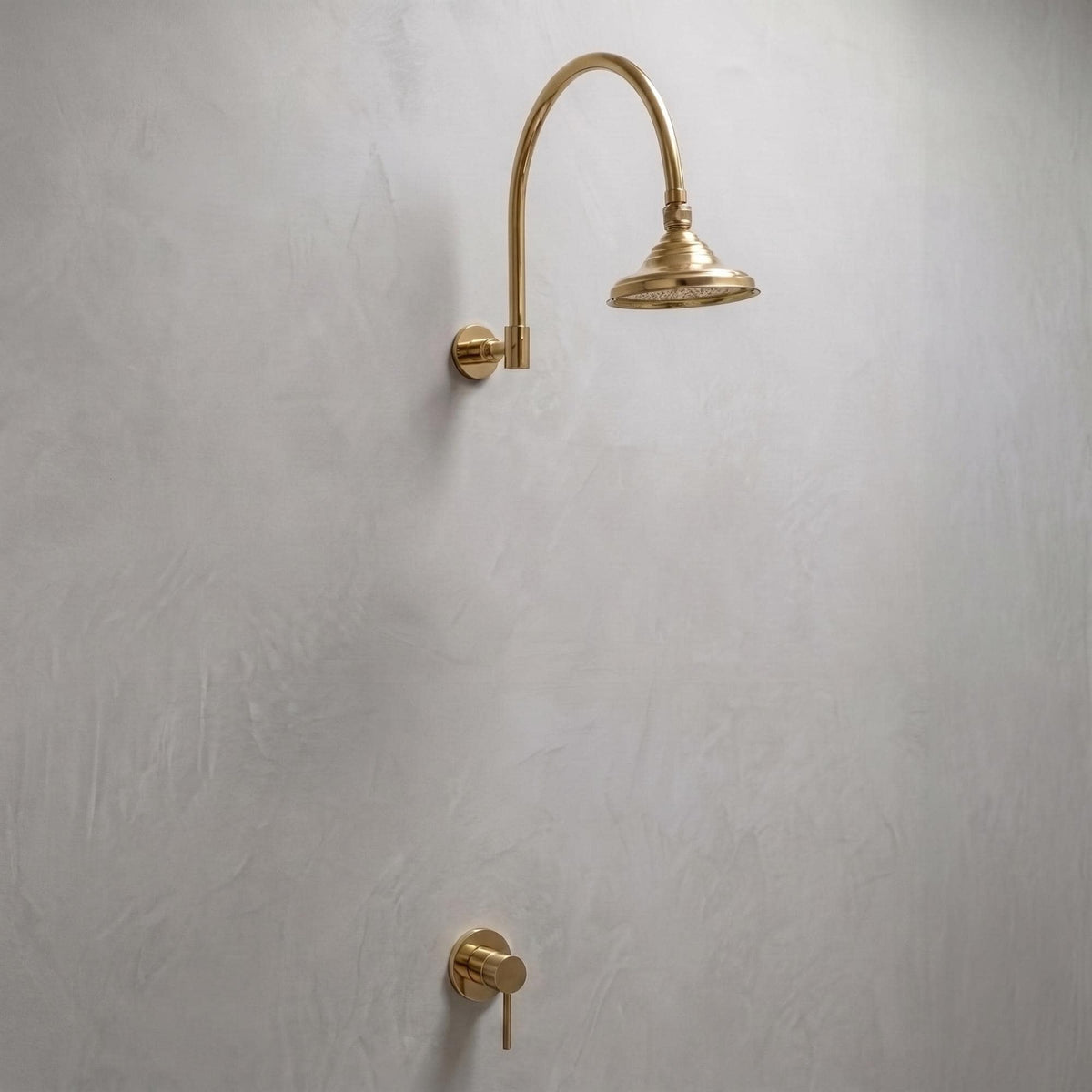 Unlacquered Brass Concealed Rain Shower System with Dome Head and Gooseneck Arm