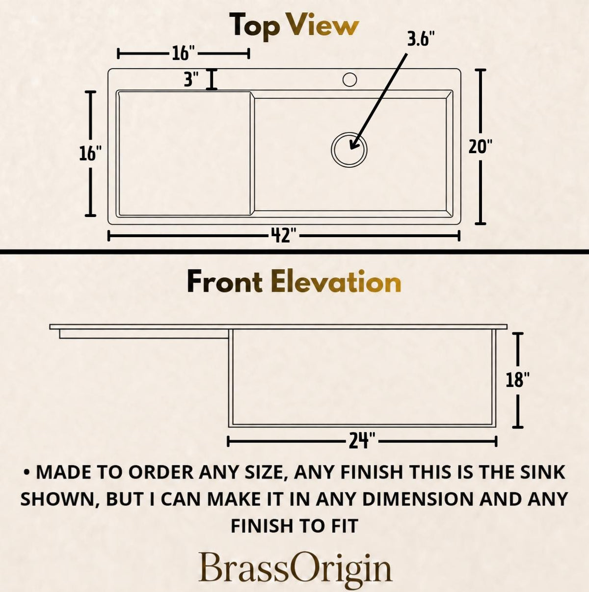 Brass sink with integrated drainboard